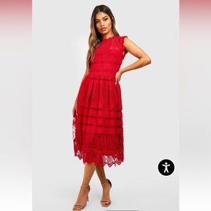 Boohoo UK Red Lace Overlay Midi Dress